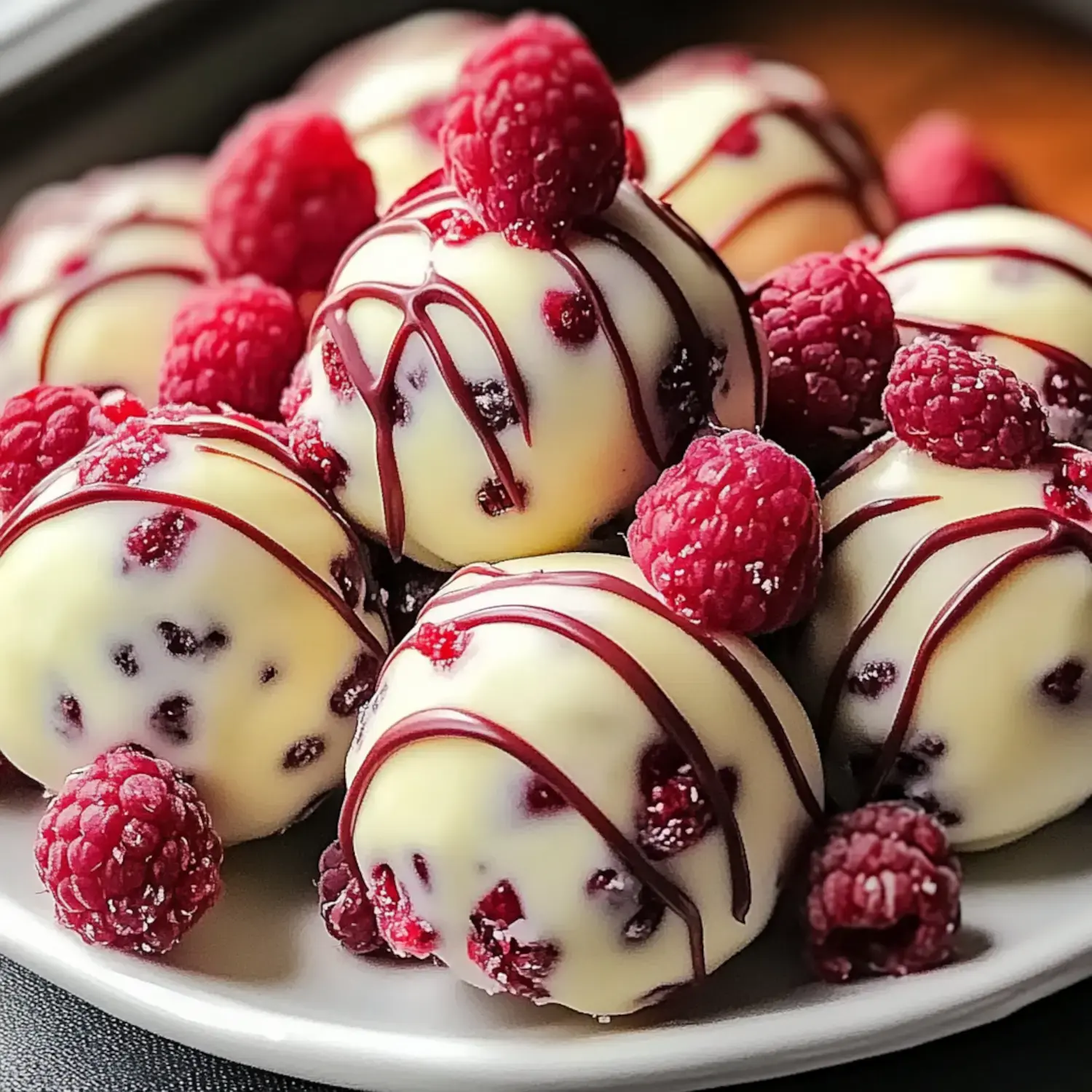 White-chocolate-covered balls topped with fresh raspberries and a drizzle of decorative chocolate.