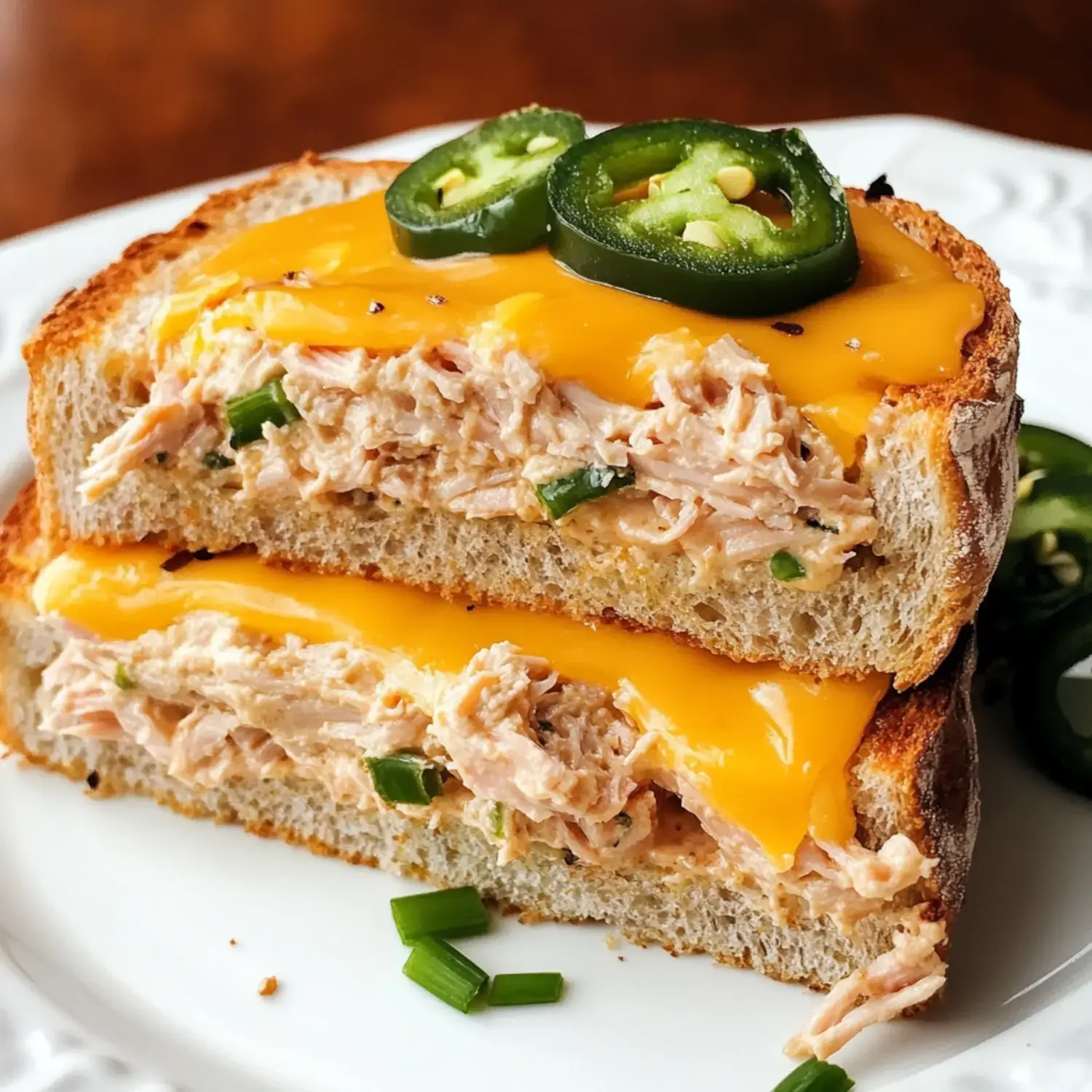 Close-up of a tuna sandwich with jalapeños, melted cheddar, and shredded chicken on toast.