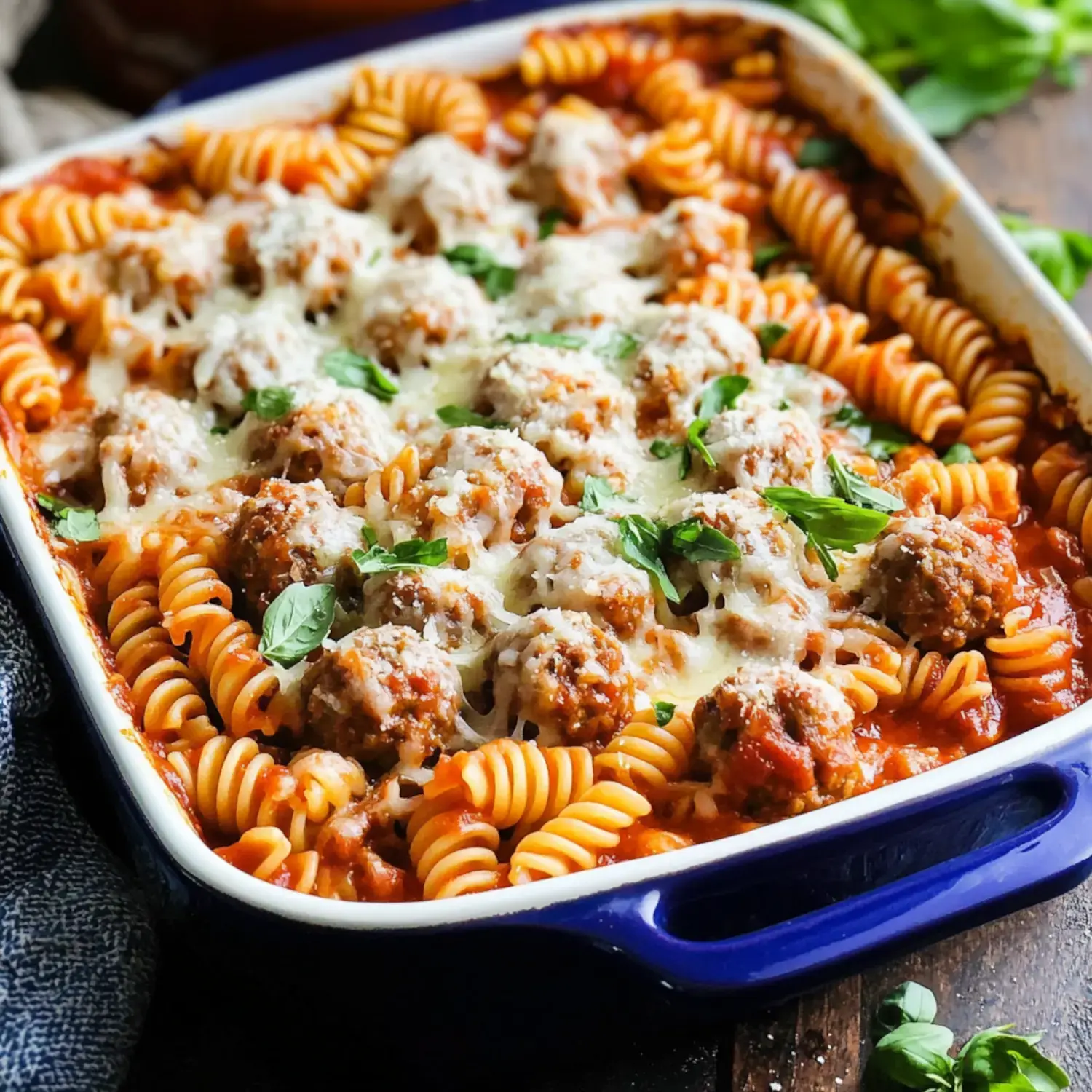 A cheesy baked dish with meatballs and pasta, topped with fresh herbs.