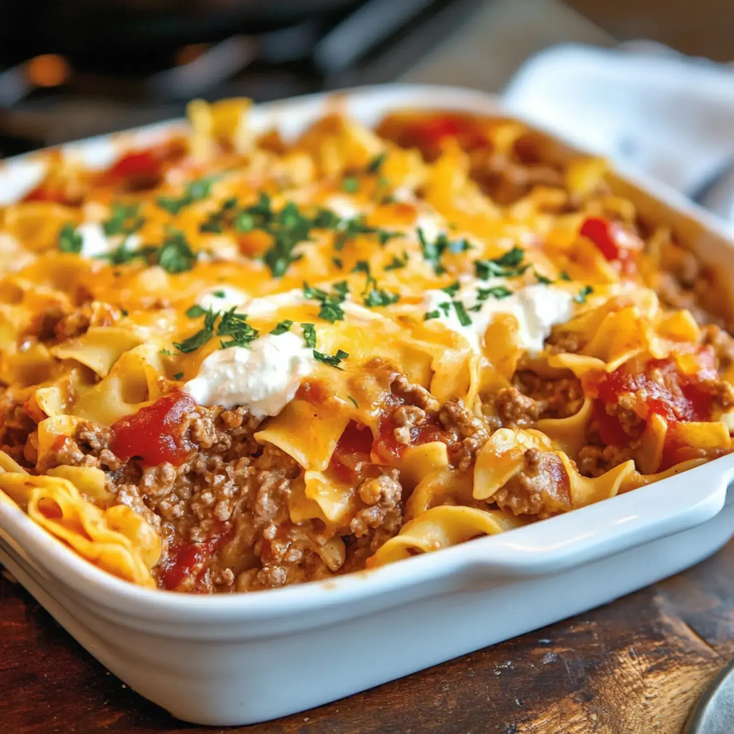 Cheesy baked pasta with ground beef and tomato sauce, topped with sour cream and parsley.