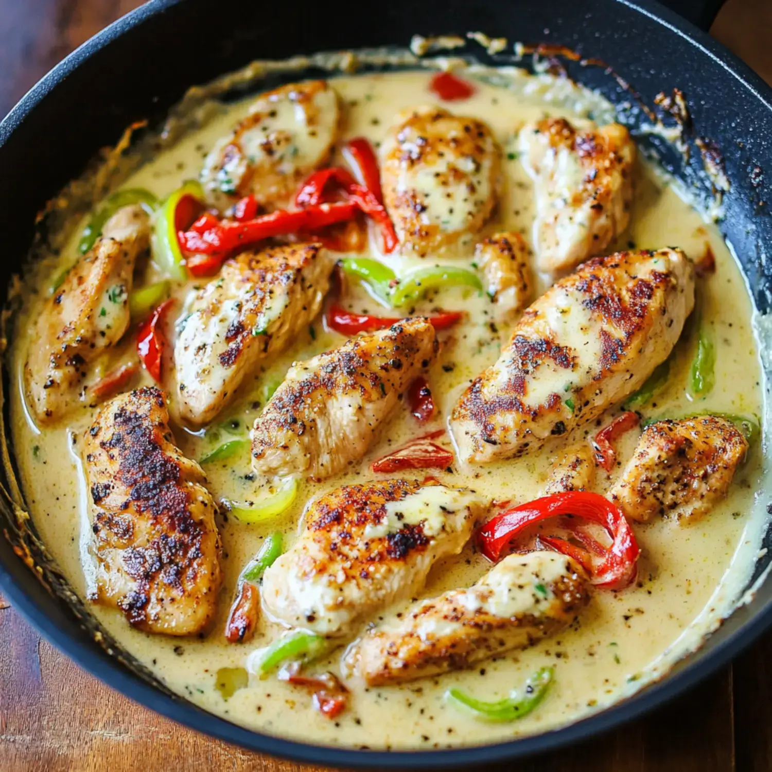 A skillet brimming with juicy chicken in a cheesy cream sauce, topped with slices of red and green peppers.