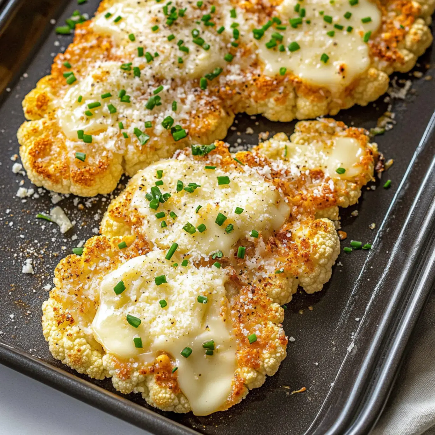 Two melty, golden cauliflower steaks on a baking tray with grated parmesan and fresh chives.