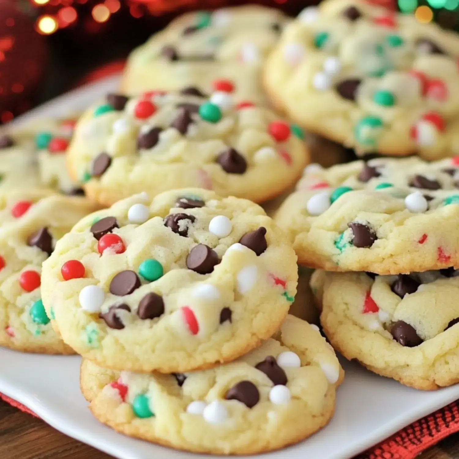 Plate of colorful cookies with sprinkles and chocolate chips.