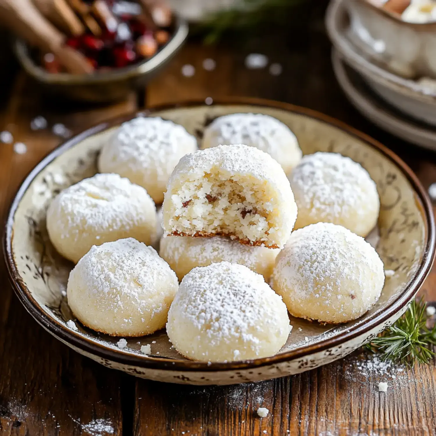 A cozy plate of soft powdered sugar-coated cookies, with one split to show a crumbly center.