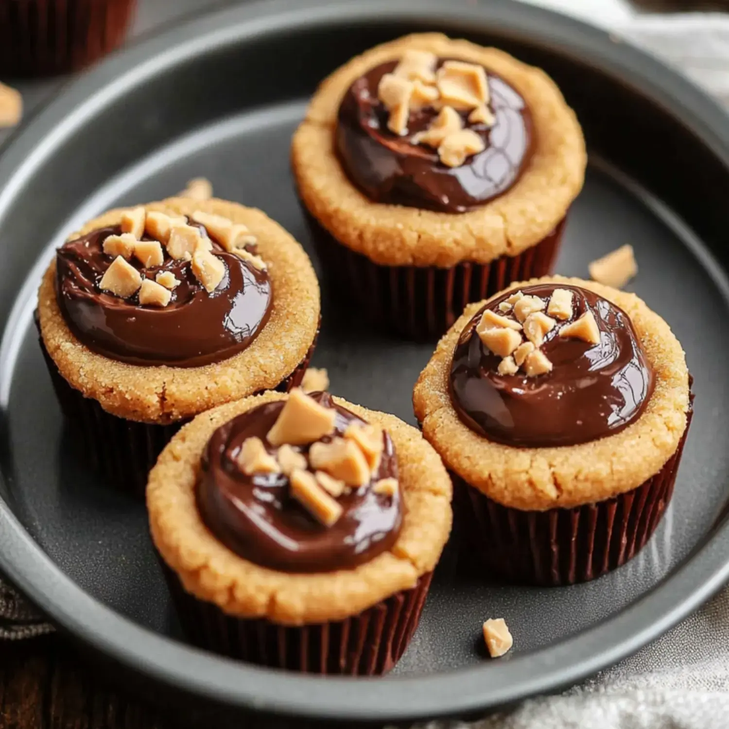 Close shot of four chocolate-filled cookie cups with crushed peanuts on a black dish.