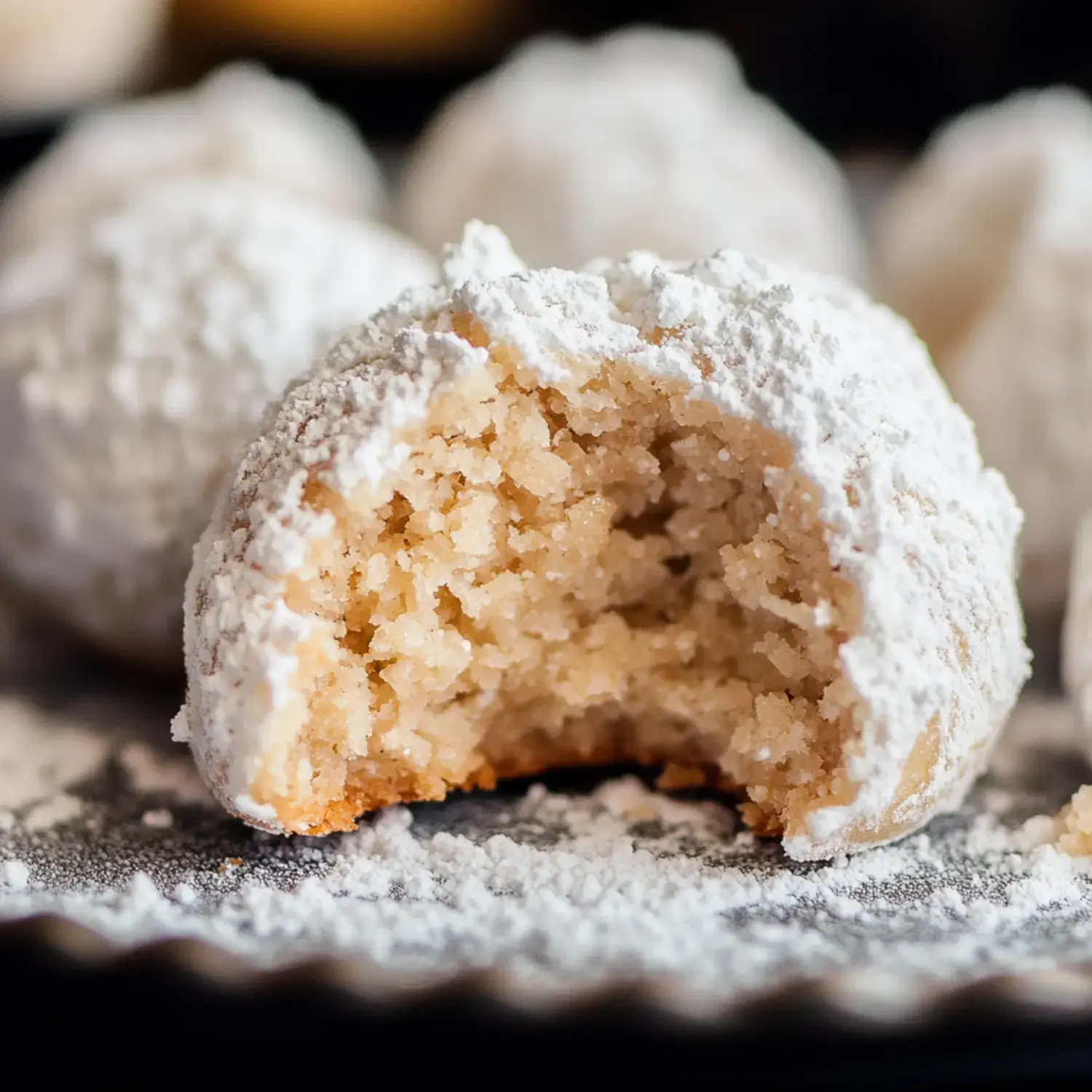 A soft almond cookie covered in powdered sugar with a bite missing, showing a crumbly inside.
