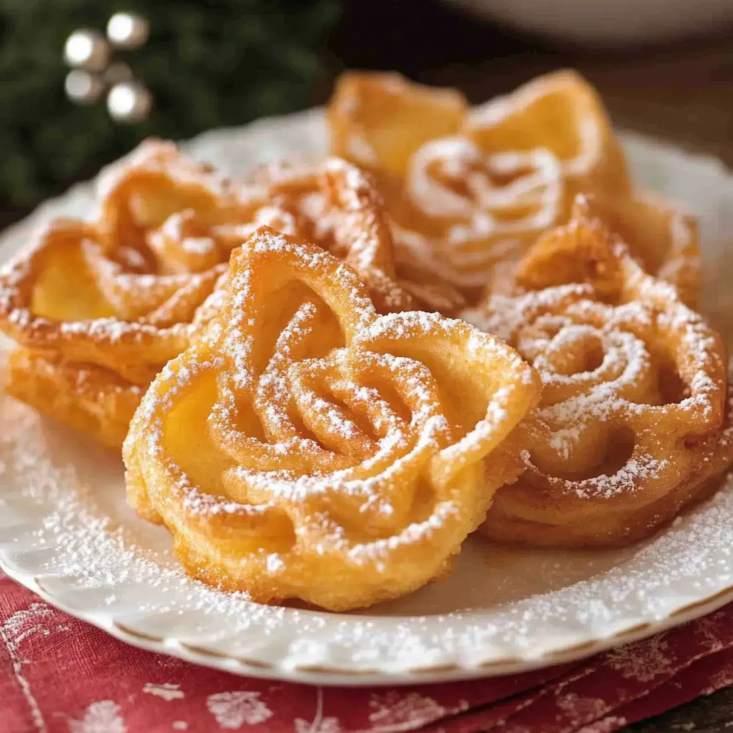Golden, flower-shaped pastries dusted lightly with sugar on a plate.