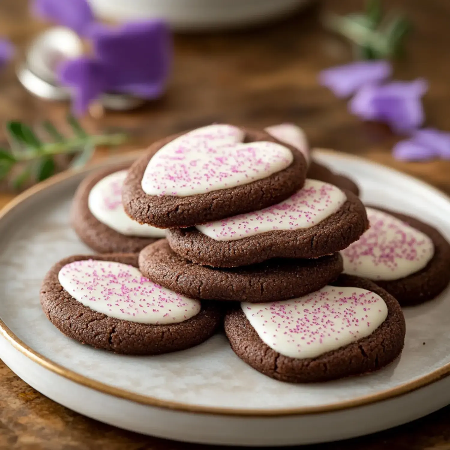 Heart-shaped chocolate cookies with pink sprinkles and icing on a plate, surrounded by floral decor.