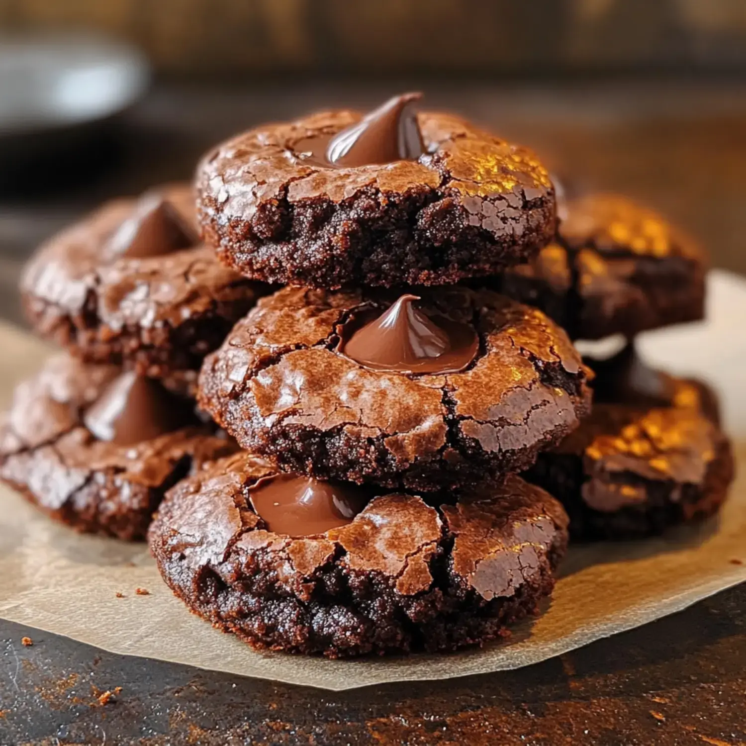 A pile of rich chocolate cookies with crispy crusts on parchment paper.