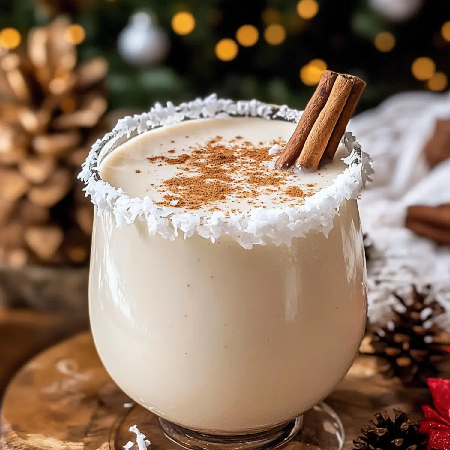 A creamy festive drink in a glass topped with cinnamon sticks and coconut flakes, surrounded by cozy holiday decor.
