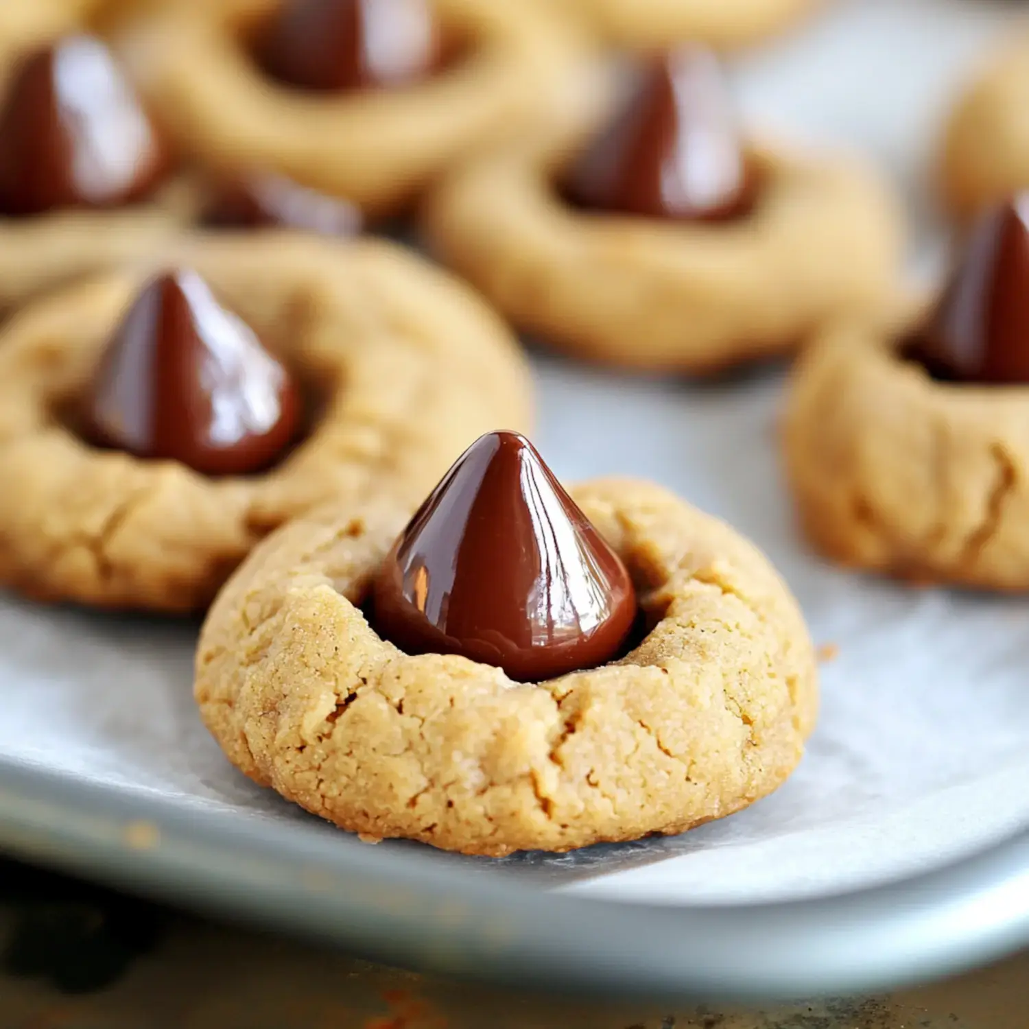 Close-up shot of peanut butter cookies holding a chocolate kiss in the center, spread on a baking sheet.