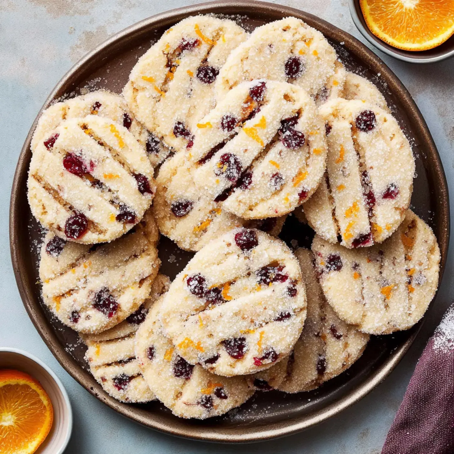 A platter of citrusy cookies with cranberries covered in sugar.