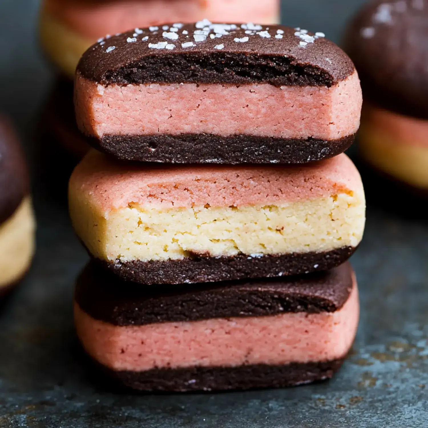 Three-layer cookies in brown, yellow, and pink shades stacked neatly, sprinkled with sea salt on top.