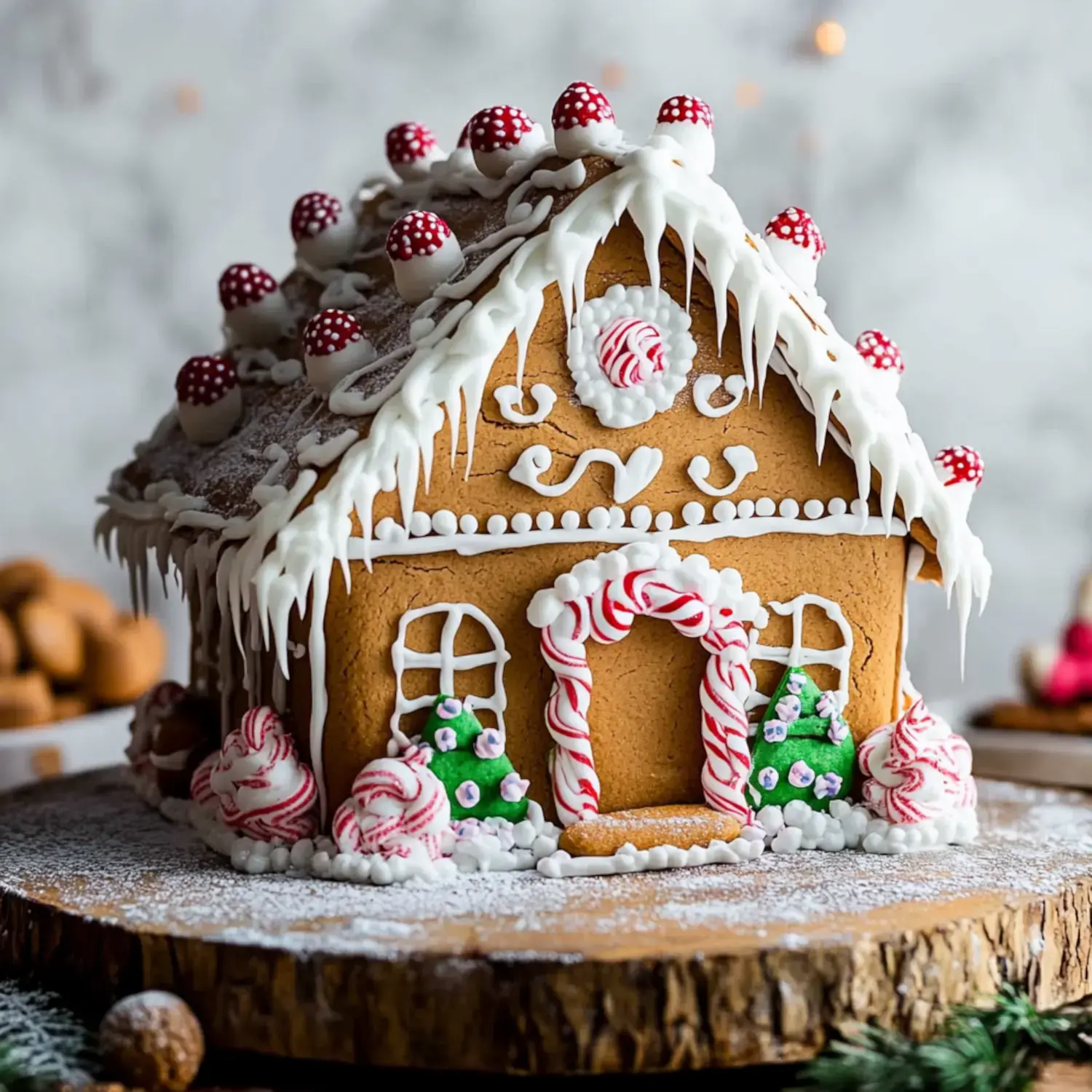 An elegantly decorated gingerbread house featuring red and white candy, mint accents, and snowy icing, all displayed on a wooden platter.