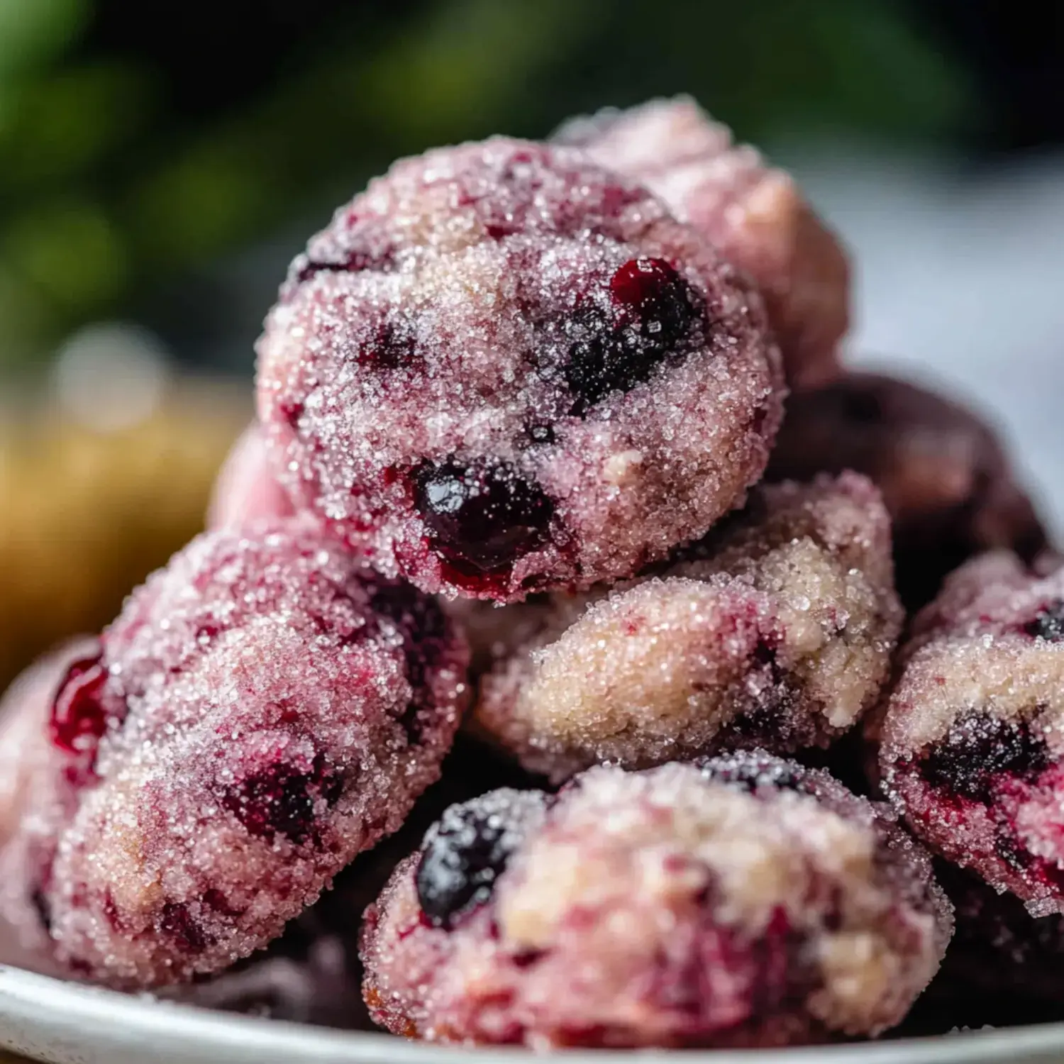 A plate piled with sugar-sprinkled berry cookies up close.