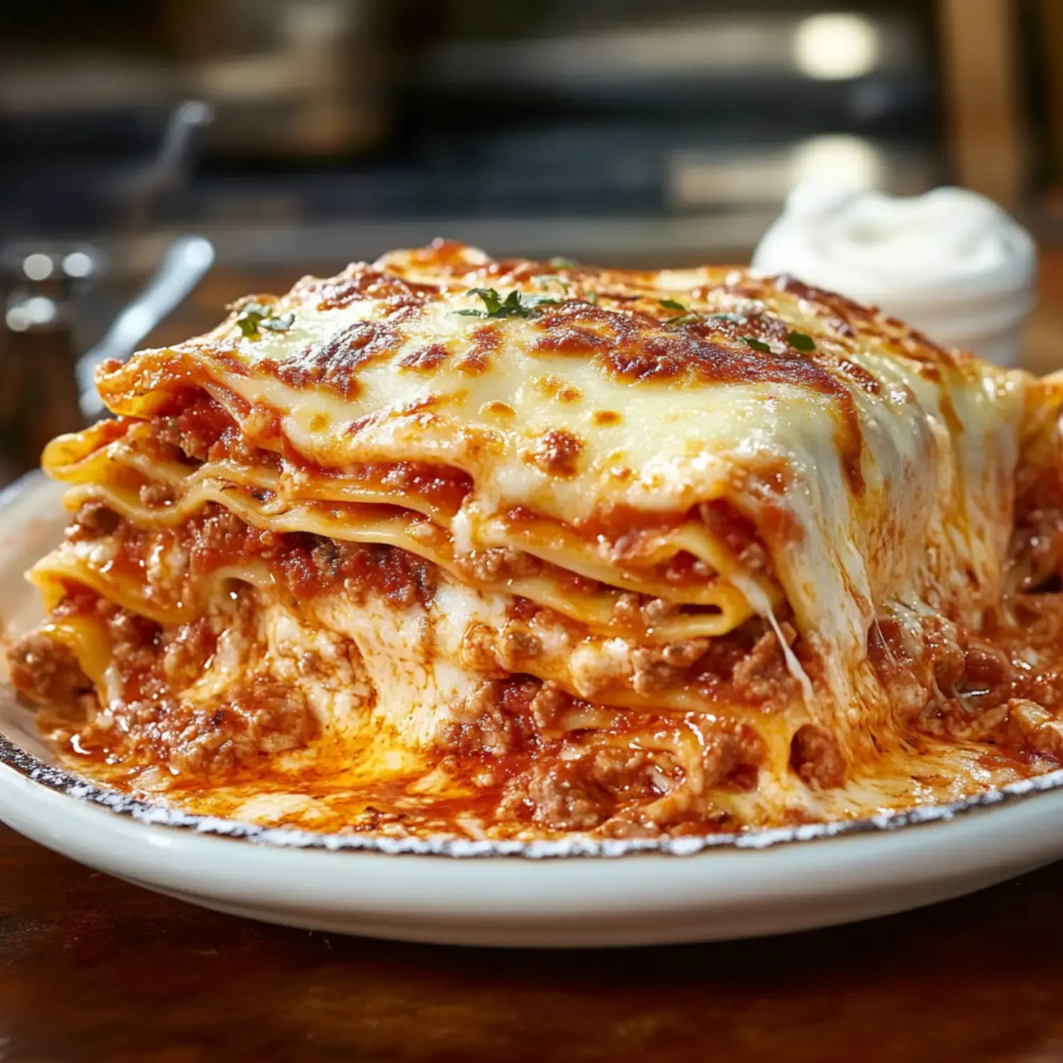 A cheesy, layered lasagna with meat sauce and pasta, served warm on a plate.