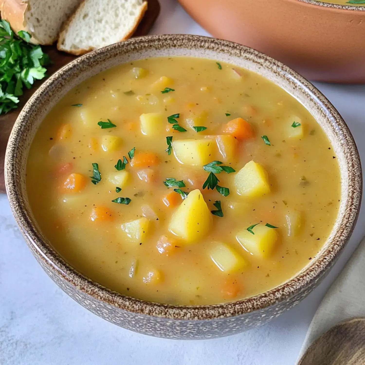 A cozy veggie bowl topped with parsley, paired with crusty bread.
