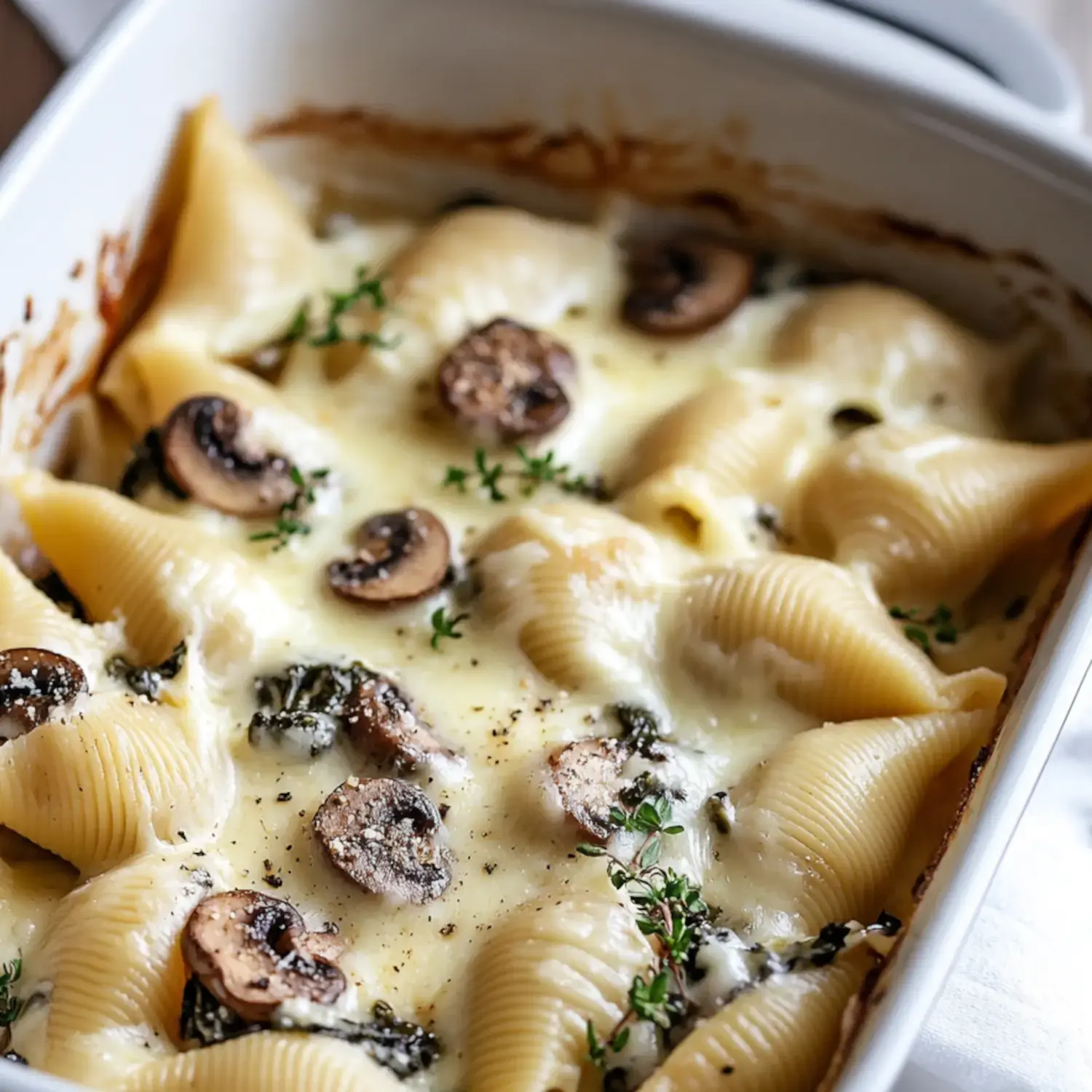 Cheesy and creamy baked pasta shells with mushrooms and herbs in a saucy dish.