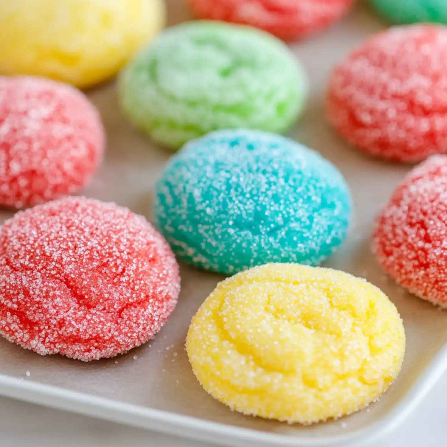 A plate piled with colorful cookies in shades of yellow, red, blue, and green, coated in sugar for extra sparkle.