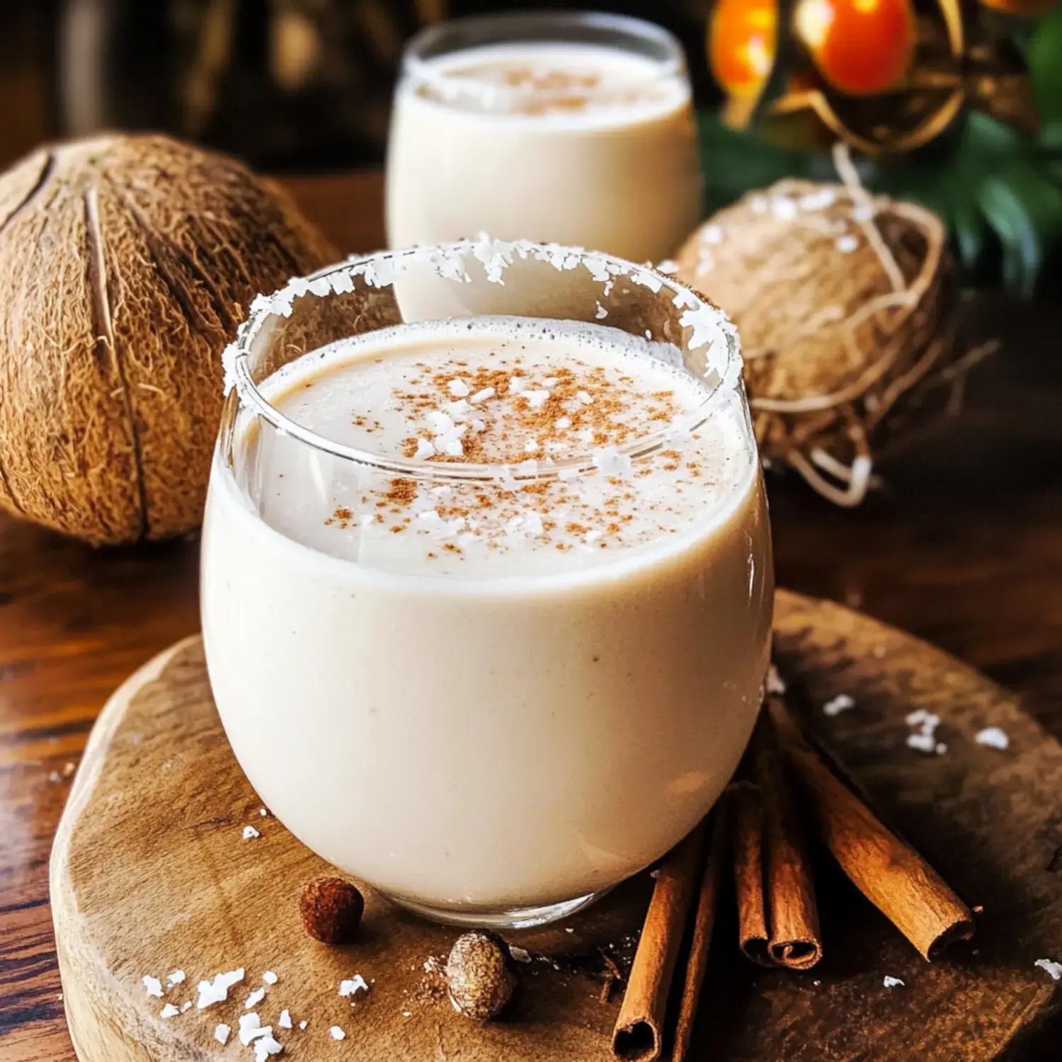 Two glasses filled with creamy spiced drink sit on a wooden board with cinnamon sticks and holiday decorations scattered around.