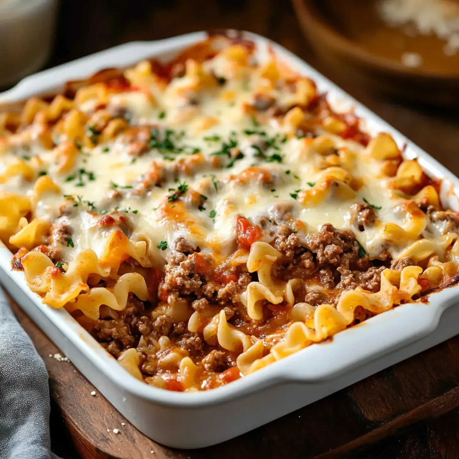 A zoomed-in shot of a baked pasta casserole showing noodles, seasoned ground beef, red sauce, and melted cheese layers topped with parsley sprinkles.