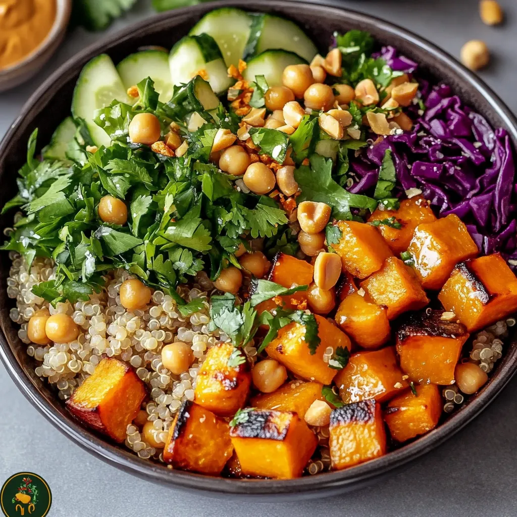 Tasty Thai peanut sweet potato bowl packed with healthy, colorful veggies.