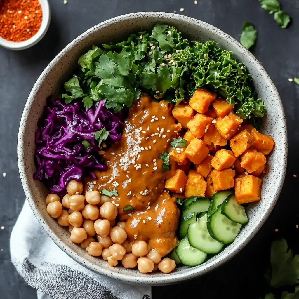 Hearty sweet potato bowl topped with velvety Thai peanut sauce creating a fulfilling dish.