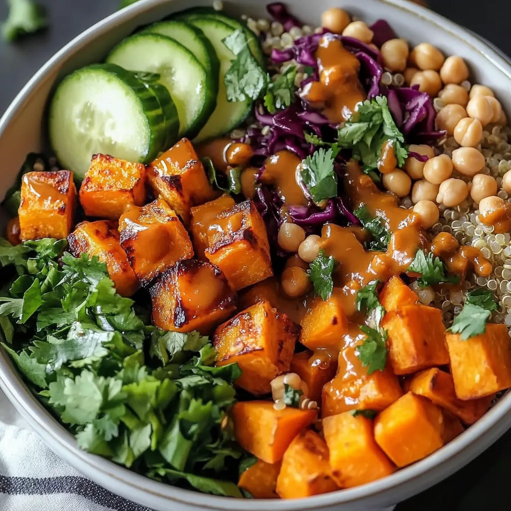 Vibrant Thai peanut bowl featuring sweet potatoes and silky homemade sauce.