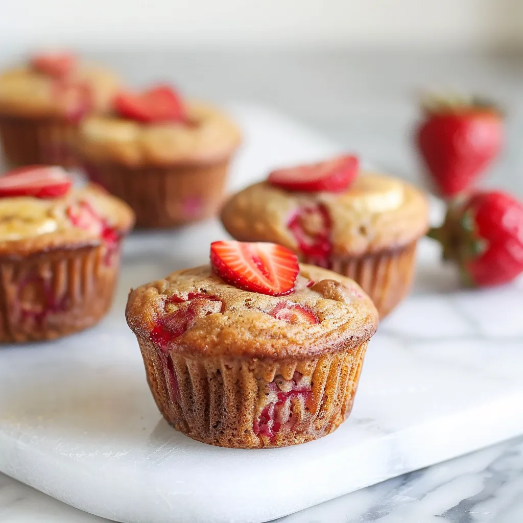 Scrumptious fruity muffins combining yogurt with fresh strawberries and ripe bananas.